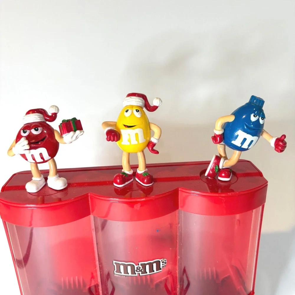 M&Ms Christmas Triple Candy Dispenser Red Yellow Blue Santa Hat Holiday Vintage